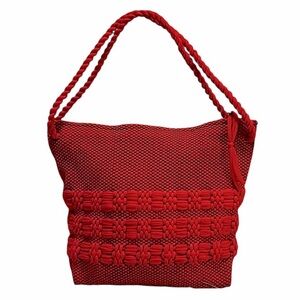 Woven Cherry Red & Black Zipper Slouchy Tote Bag Purse